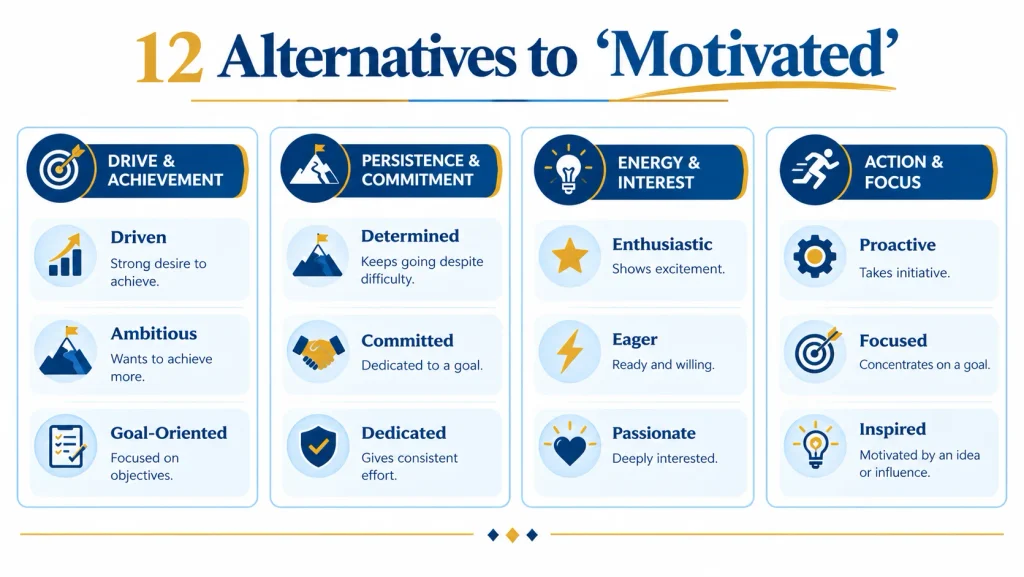 12 alternatives to motivated including driven determined committed and proactive