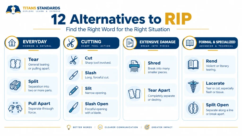 12 alternatives to rip including tear, shred, split, slash, slit, cut, and rend