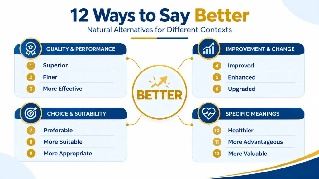 12 ways to say better including superior, improved, preferable, effective, suitable, and enhanced