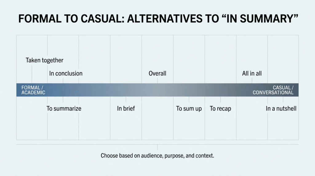 Formal to casual alternatives to in summary for different writing contexts