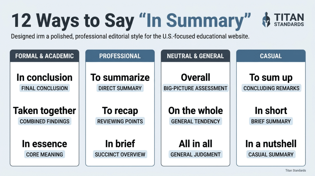 Infographic showing 12 ways to say in summary by tone and context