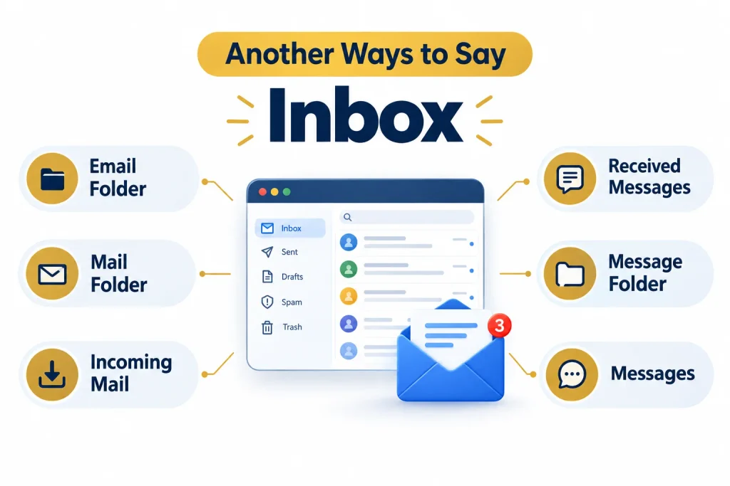 Infographic showing alternatives to say inbox including email folder, incoming mail, and messages