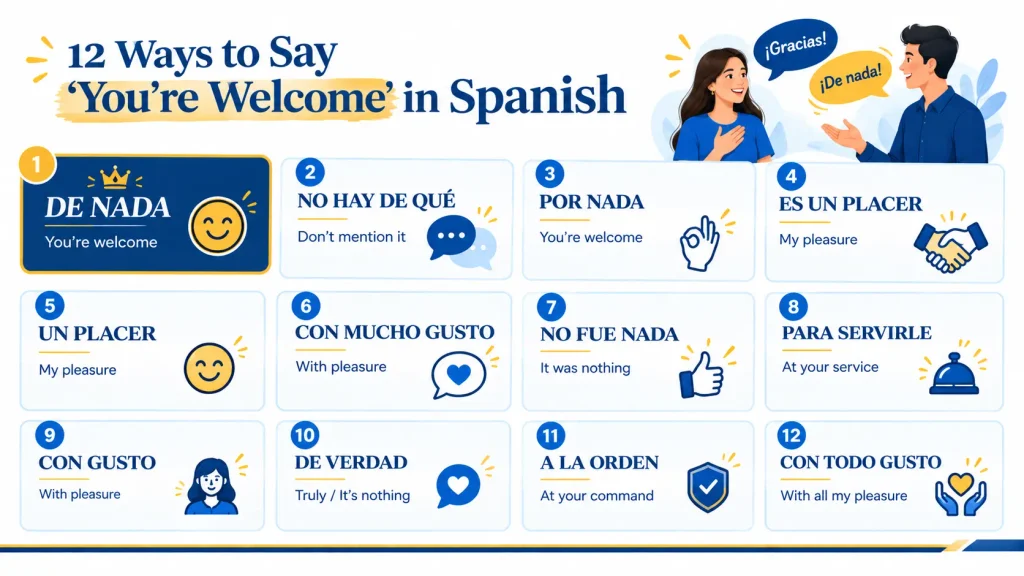 12 ways to say you're welcome in Spanish including de nada and no hay de qué