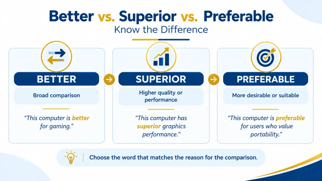Better vs superior vs preferable showing the differences between these English alternatives