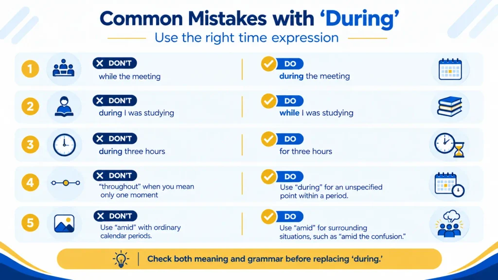 Common mistakes with during showing correct uses of during, while, throughout, for, and amid