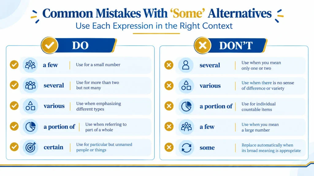 common mistakes when using alternatives to some in English