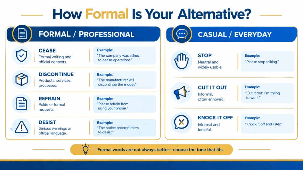 Formal and casual alternatives to stop including cease, refrain, cut it out, and knock it off