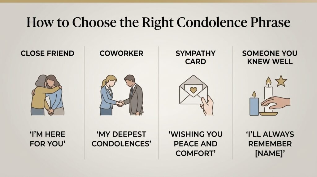 Guide showing which condolence phrase to use for friends, coworkers, cards, and personal relationships