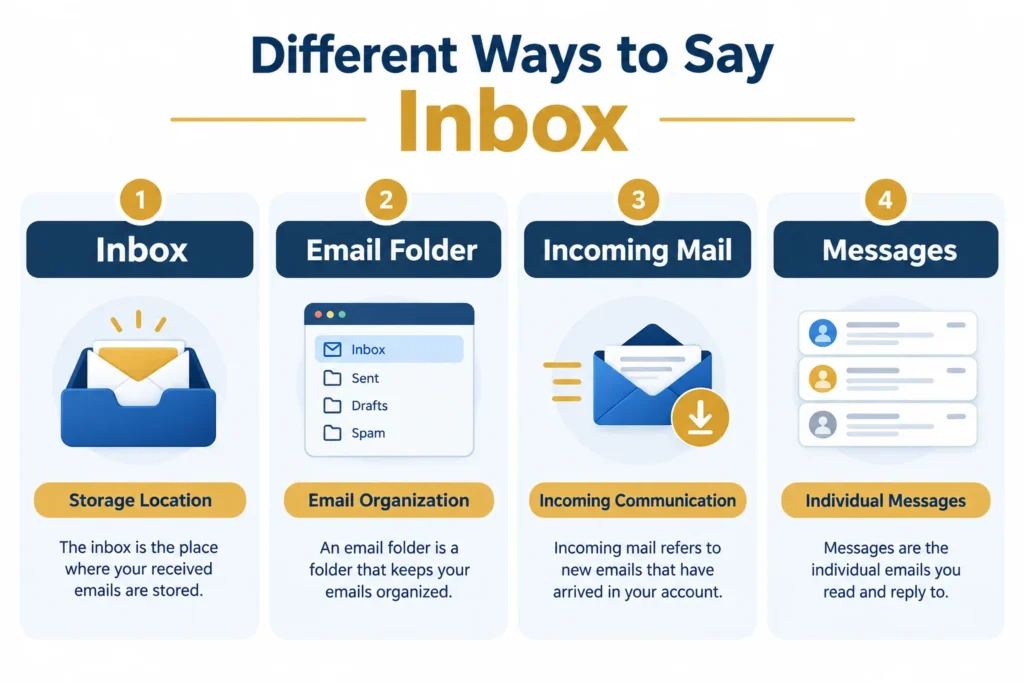 Comparison of inbox, email folder, incoming mail, and messages