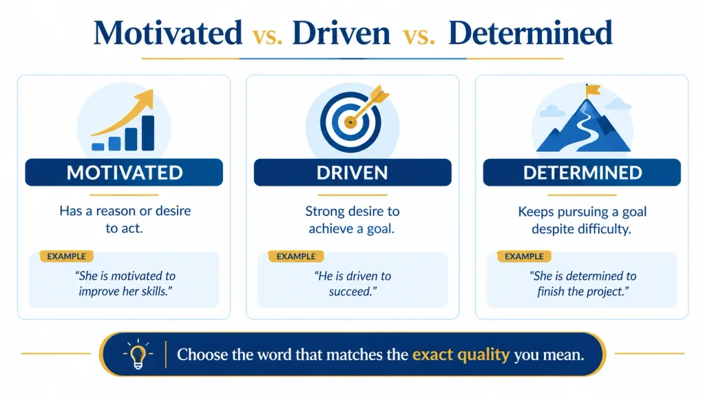 Motivated vs driven vs determined meaning and usage comparison