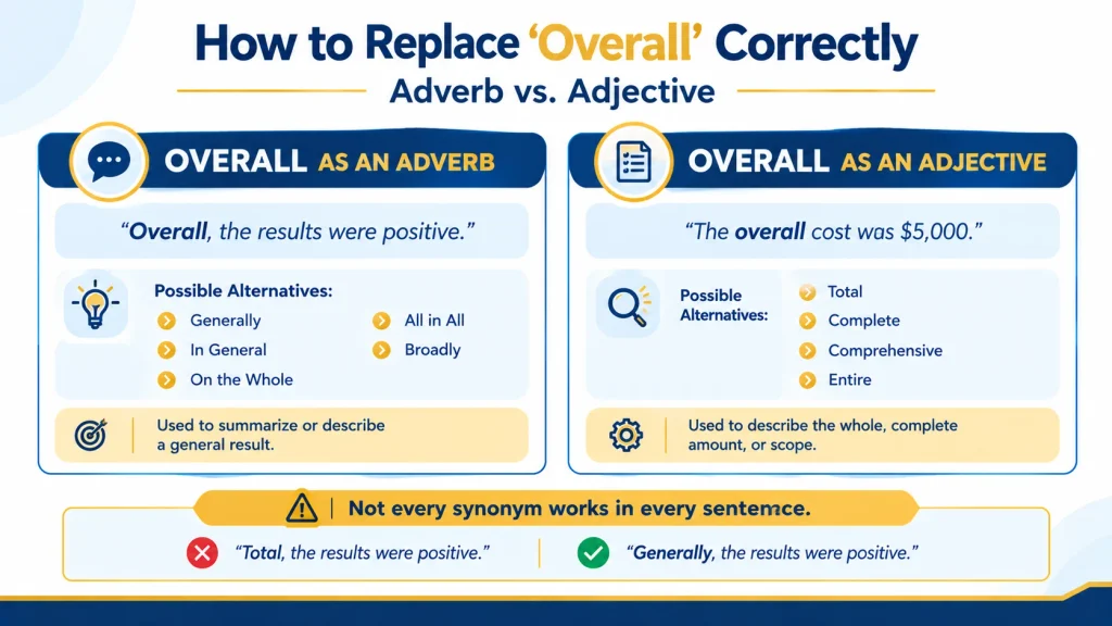 Overall as an adverb versus adjective with examples of generally, total, complete, and comprehensive