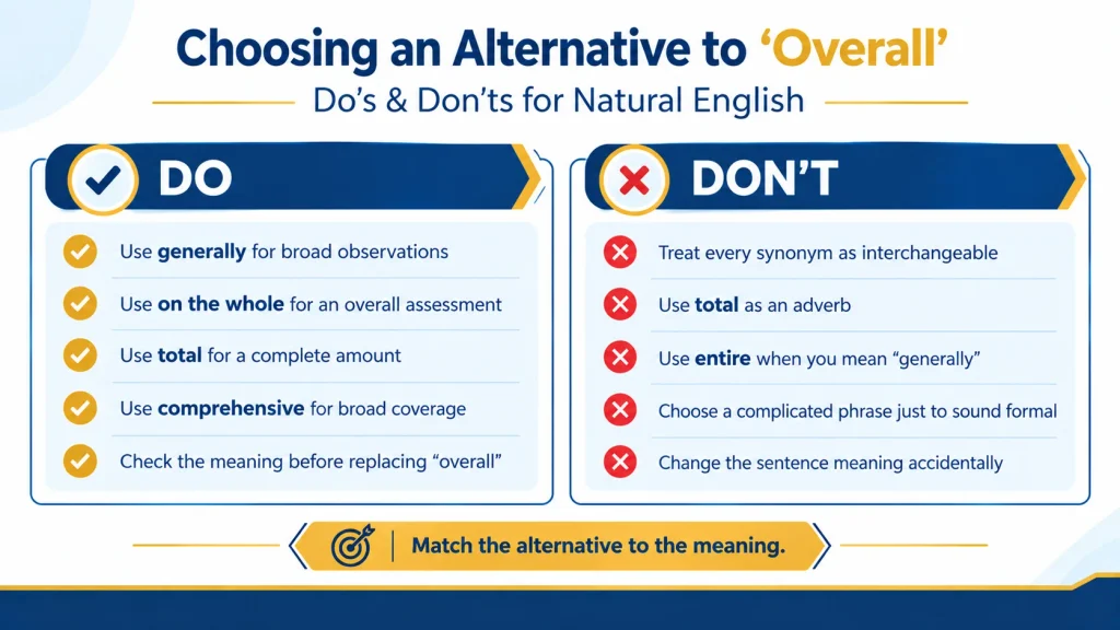 Do’s and don’ts for choosing synonyms for overall in English writing