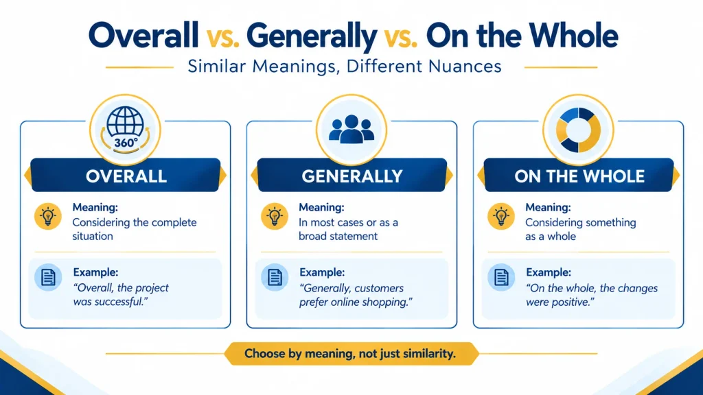 Difference between overall, generally, and on the whole with example sentences