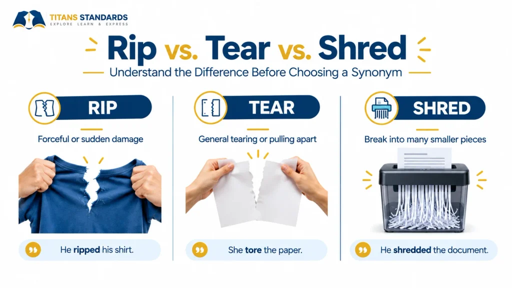 Rip vs. tear vs. shred showing the differences between these English words