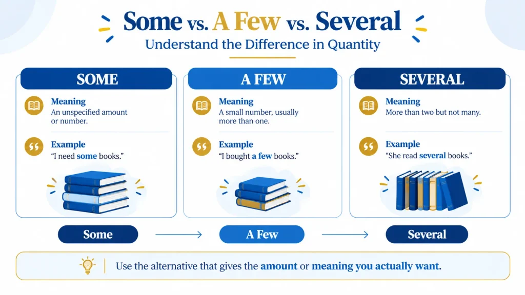 Some vs a few vs several showing differences in quantity and meaning