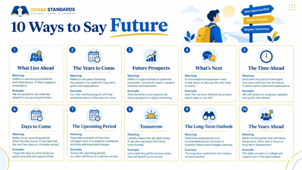 Infographic showing 10 alternatives to say future with meanings and examples.
