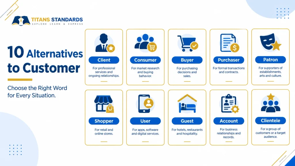 Customer synonyms infographic showing client, consumer, buyer, shopper, user, and patron.
