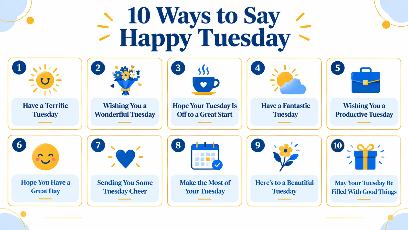 Alt text: Infographic showing 10 alternatives to say Happy Tuesday, including cheerful, professional, and friendly greetings.