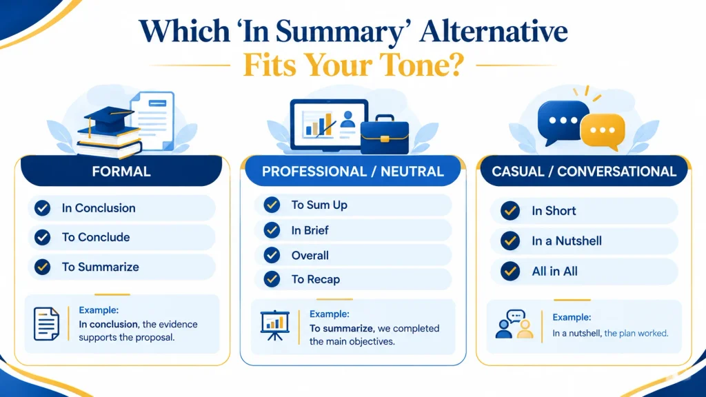 Formal, professional, and casual alternatives to in summary