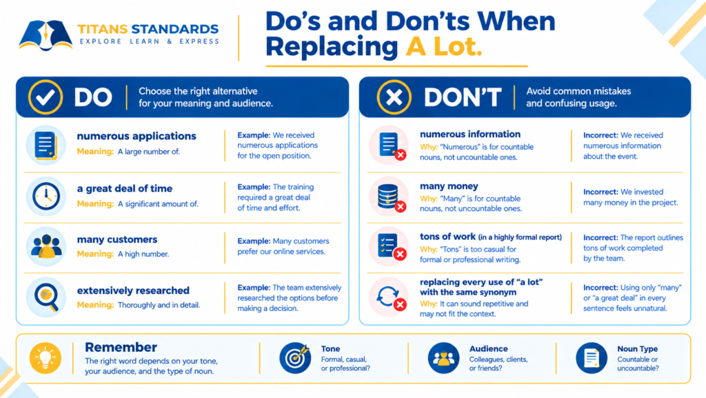Do’s and don’ts infographic showing how to use synonyms for a lot in formal and casual writing.