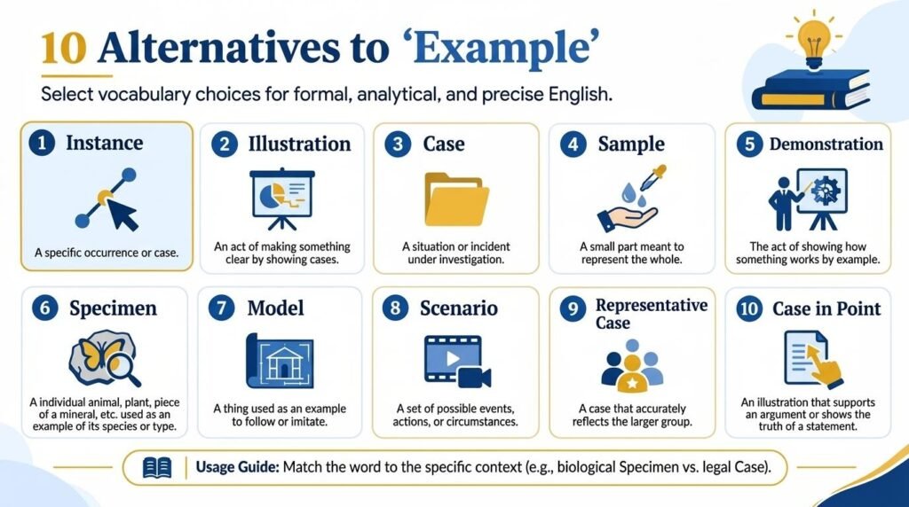 10 alternatives to example, including instance, illustration, case, sample, and demonstration.