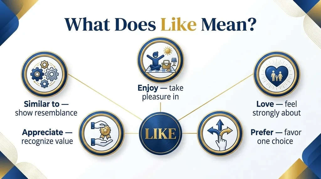 Infographic showing alternatives to like, including enjoy, love, prefer, appreciate, and similar to.
