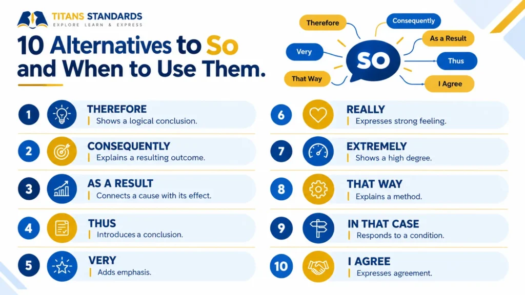 Alt text: Infographic showing 10 alternatives to say so, including therefore, consequently, as a result, very, and really.