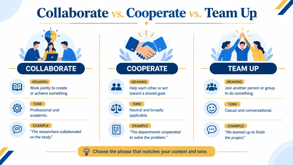 Comparison of collaborate, cooperate, team up, and join forces by meaning, tone, and usage.