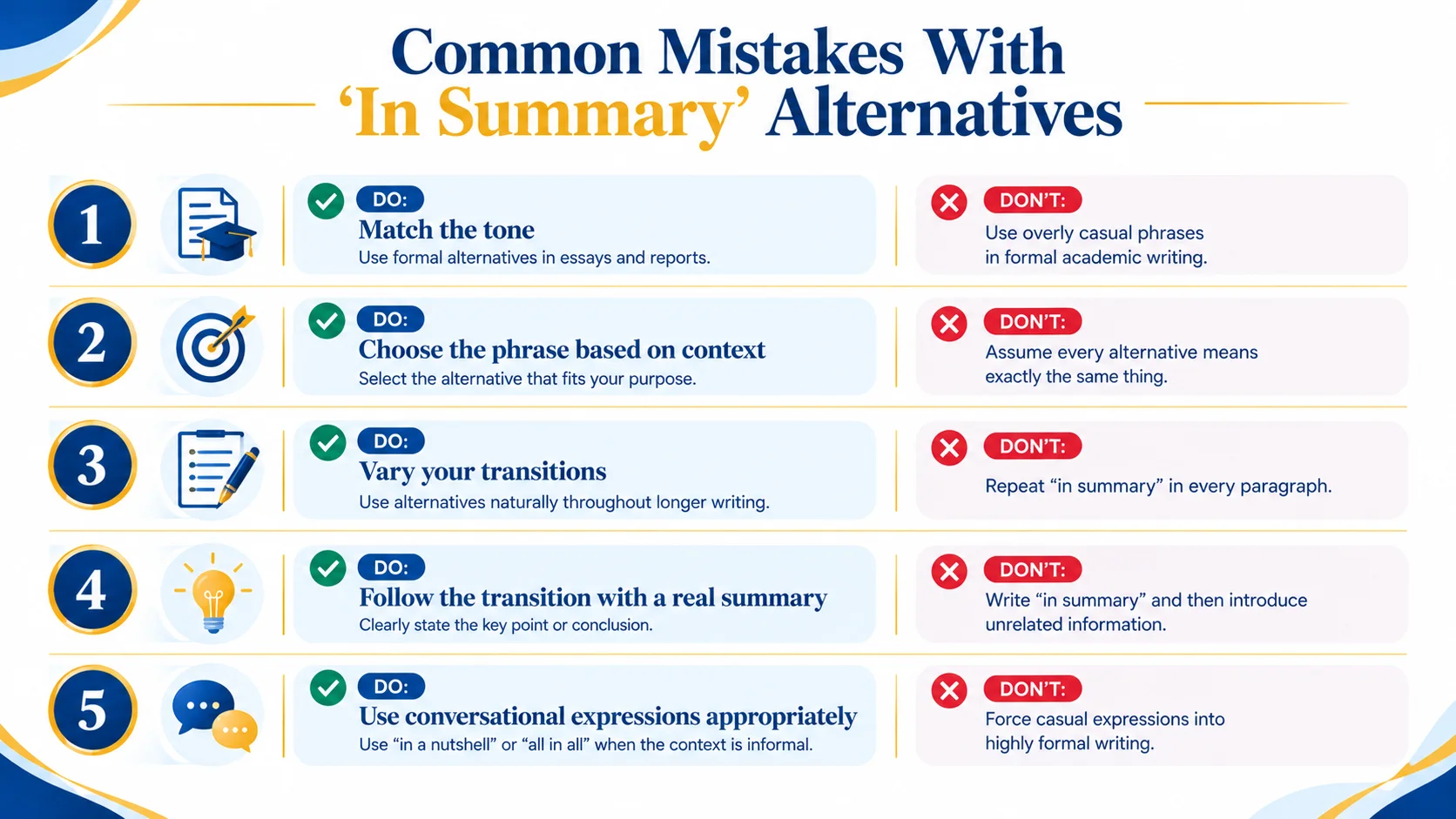 Common mistakes when using alternatives to in summary in English writing