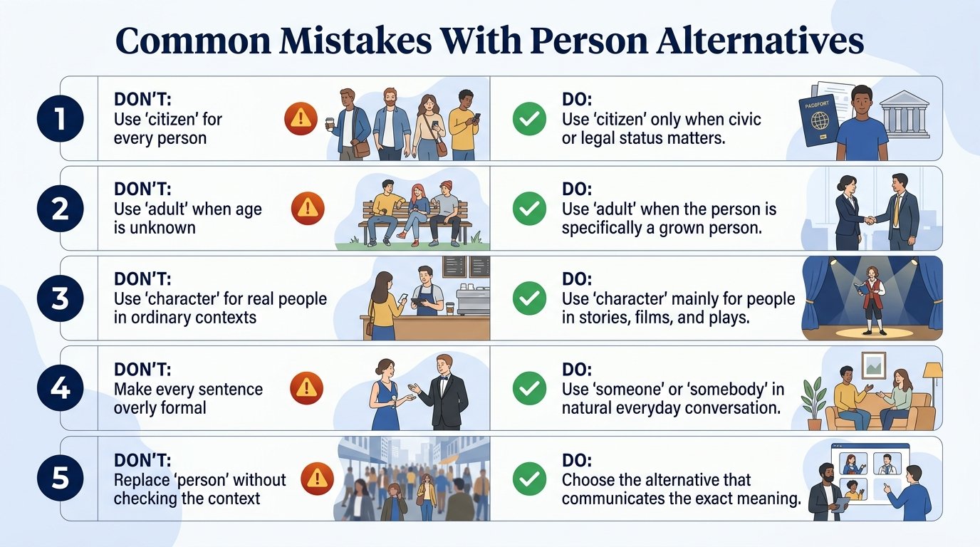 Do’s and don’ts for using person alternatives such as citizen, adult, character, and someone