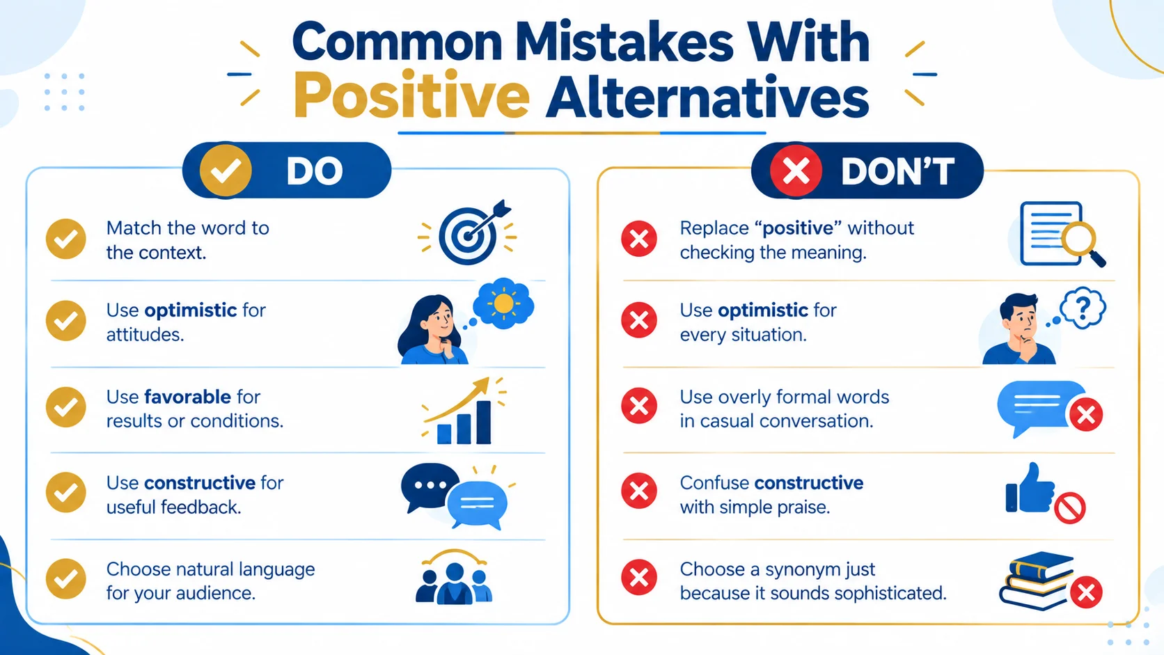 Common mistakes when choosing alternatives to positive in English