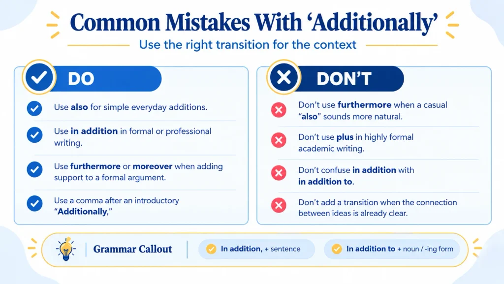 Common mistakes when using additionally with correct and incorrect examples