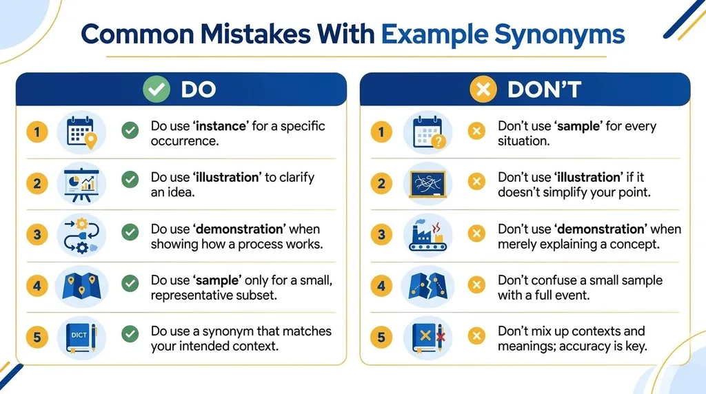 Do’s and don’ts for choosing example synonyms correctly in everyday and professional writing.
