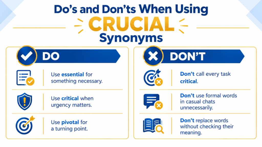 Alt text: Do’s and don’ts infographic showing correct and incorrect ways to use synonyms for crucial.