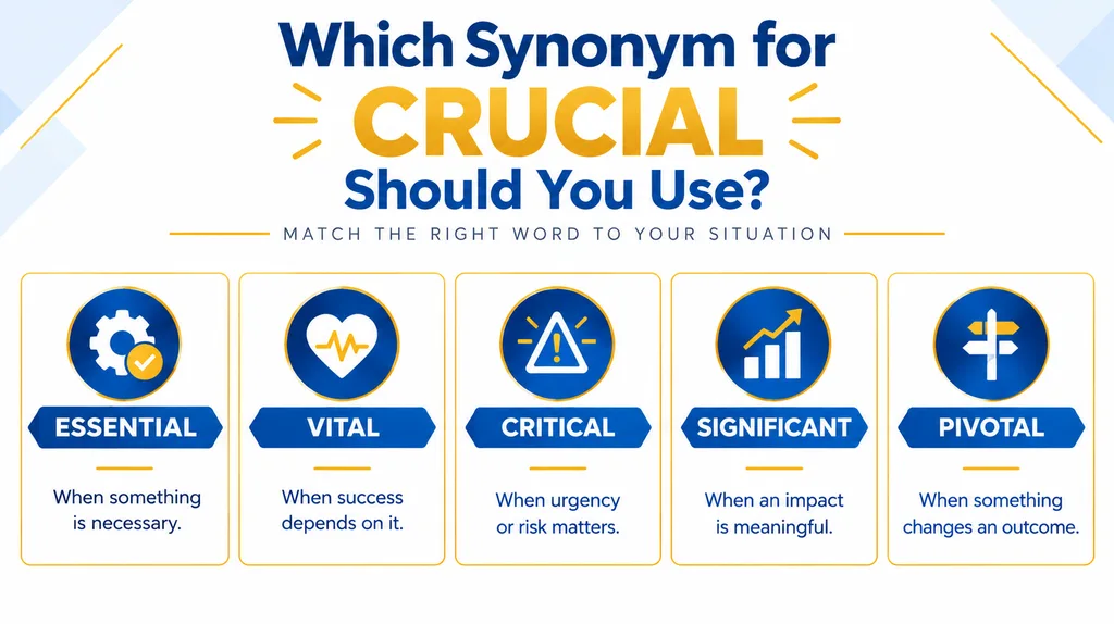 : Comparison chart explaining when to use essential, vital, critical, significant, and pivotal.