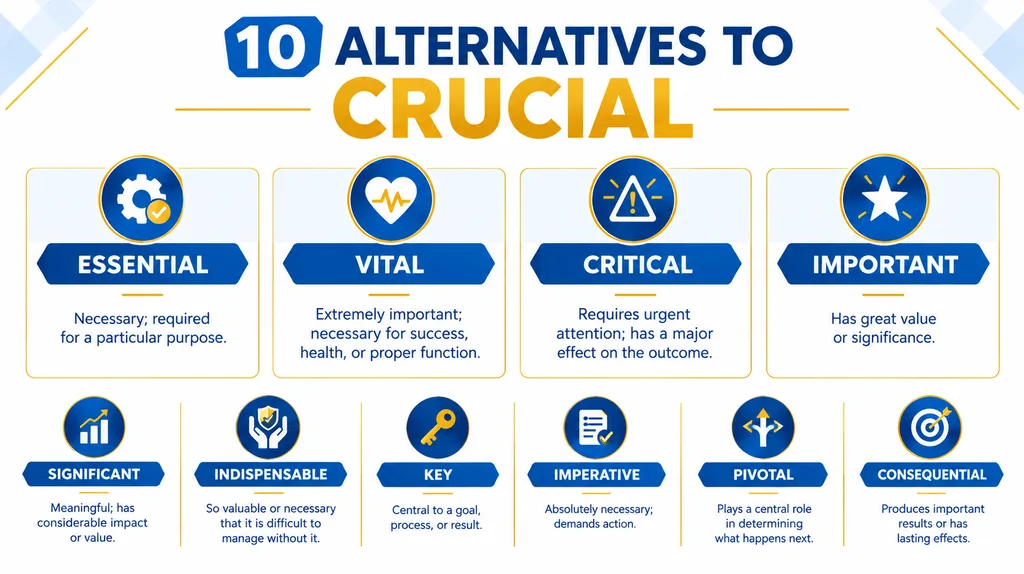 Alt text: Infographic showing synonyms for crucial, including essential, vital, critical, and important.