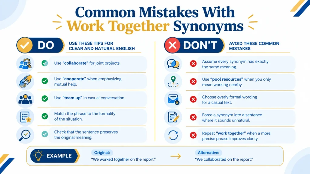 Do’s and don’ts for using work together synonyms correctly in everyday and professional English.