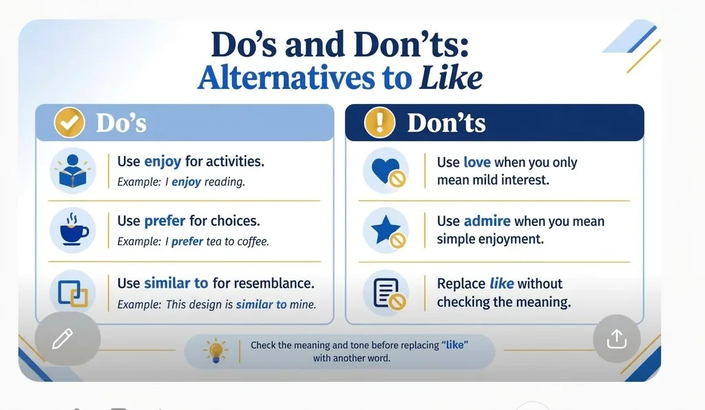 Do’s and don’ts for choosing synonyms of like, with examples of correct word usage.