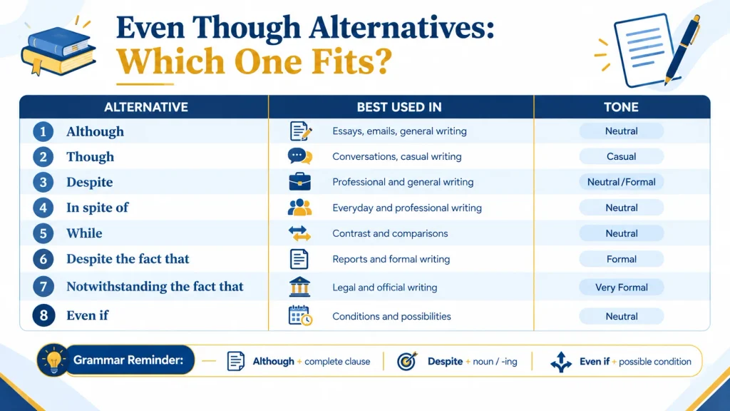Comparison of even though alternatives by usage and tone