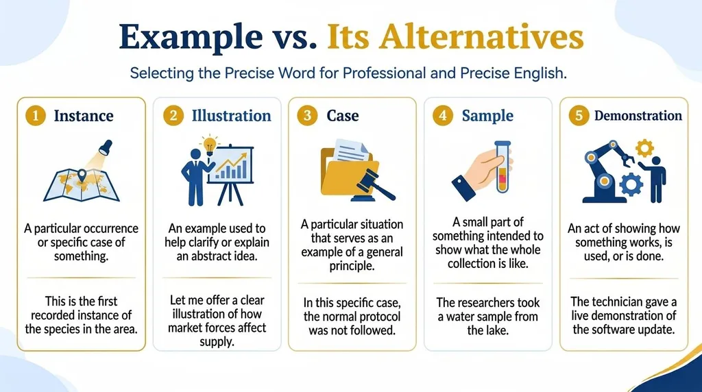 Comparison of example synonyms showing the meanings and uses of instance, illustration, case, sample, and demonstration.