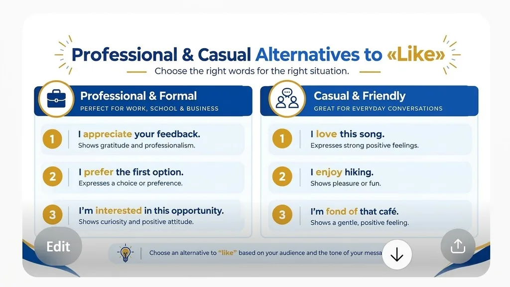 Comparison of formal and casual alternatives to like for professional emails and everyday conversations.