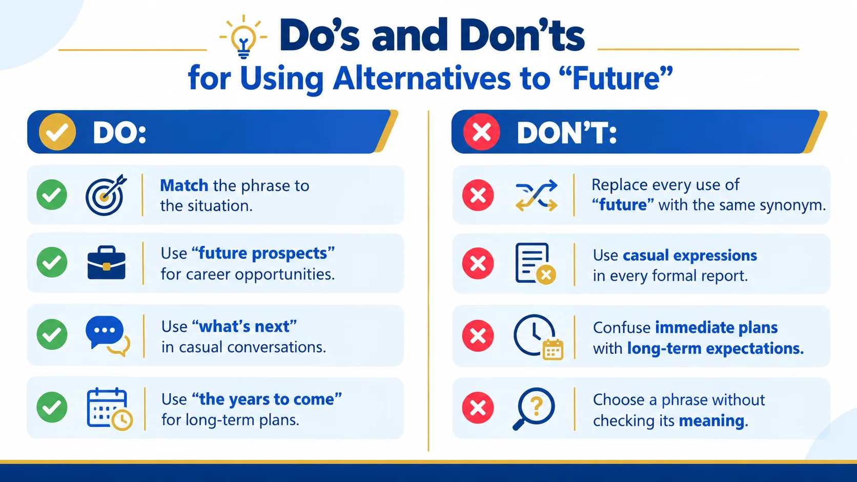 : Do’s and don’ts for choosing future synonyms in professional and casual writing.