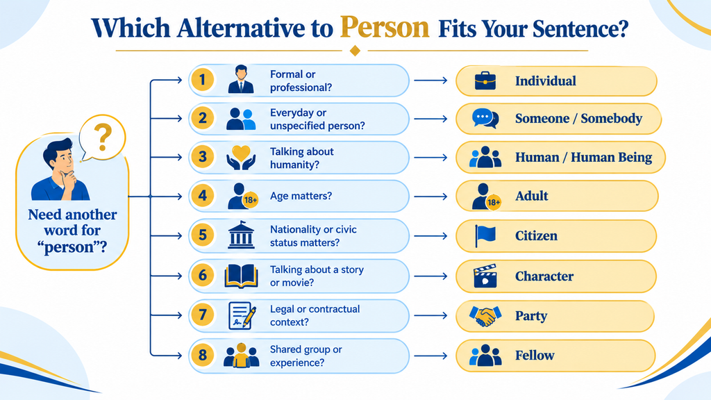 Decision tree showing how to choose the right alternative to person for formal, casual, legal, and everyday contexts