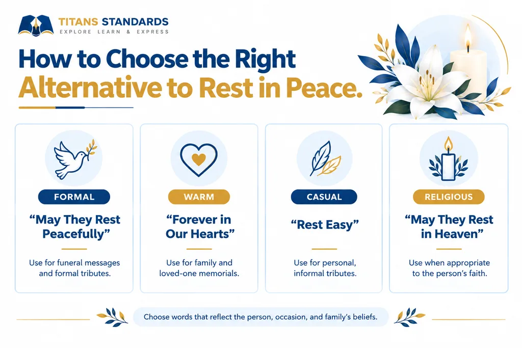 Comparison infographic matching formal, warm, casual, and religious alternatives to rest in peace with suitable occasions.