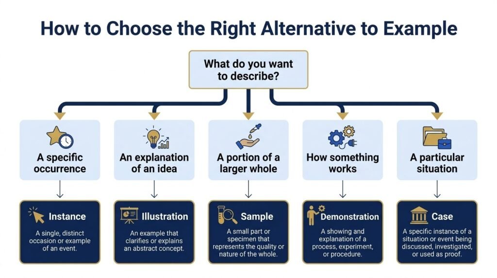 Decision tree for choosing an alternative to example based on meaning and sentence context.