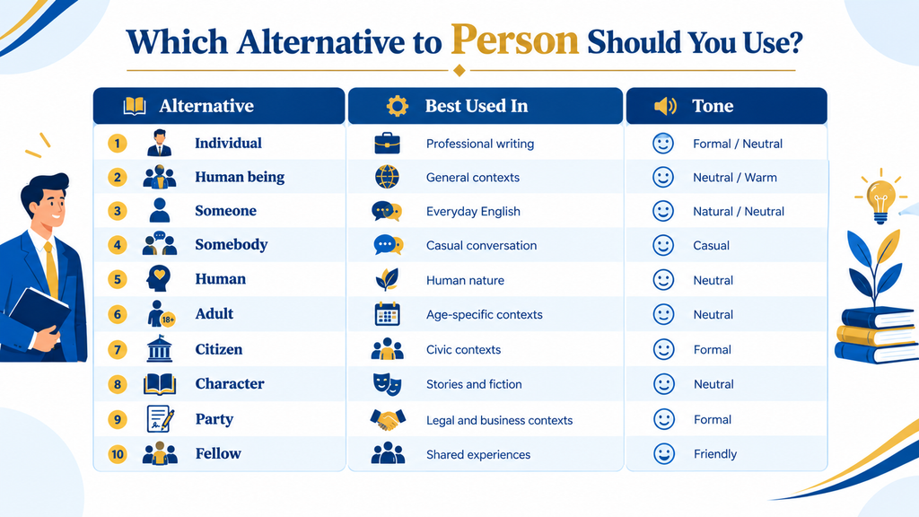 Comparison chart showing when to use individual, someone, adult, citizen, character, and other person synonyms