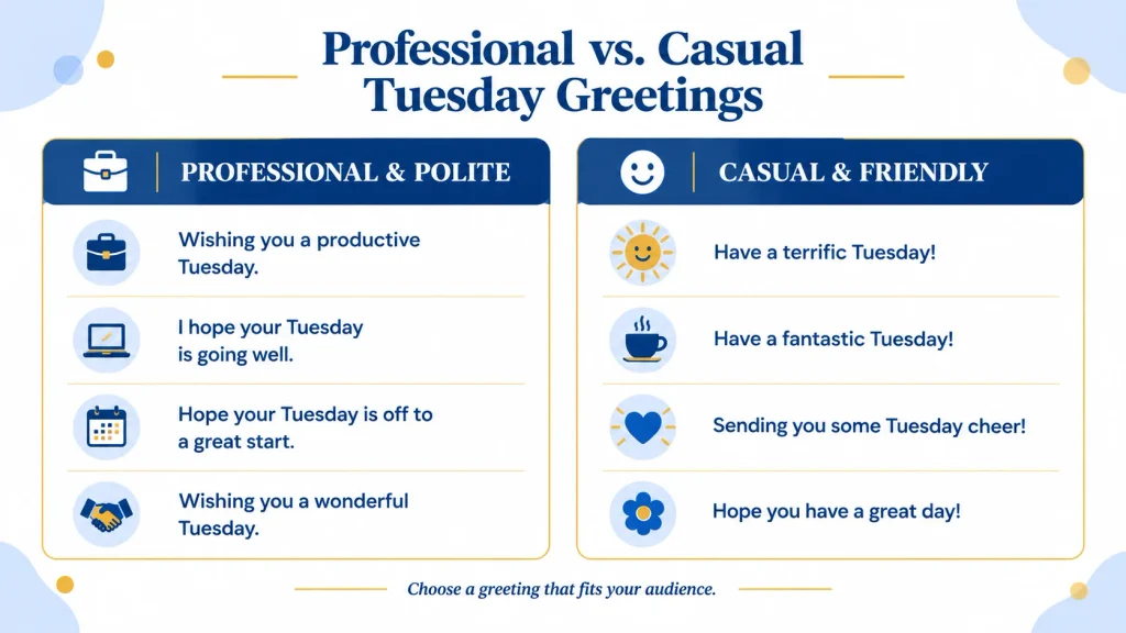 Comparison of professional Tuesday greetings for work emails and casual Tuesday greetings for friends