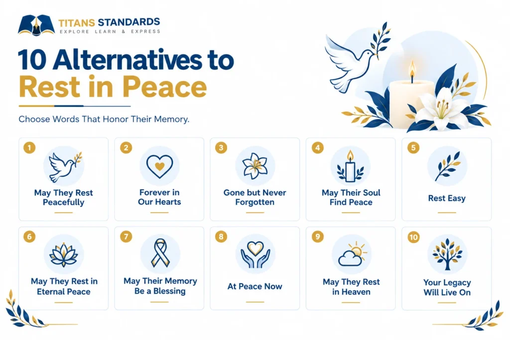 Infographic showing 10 thoughtful alternatives to rest in peace for memorials and condolence messages.