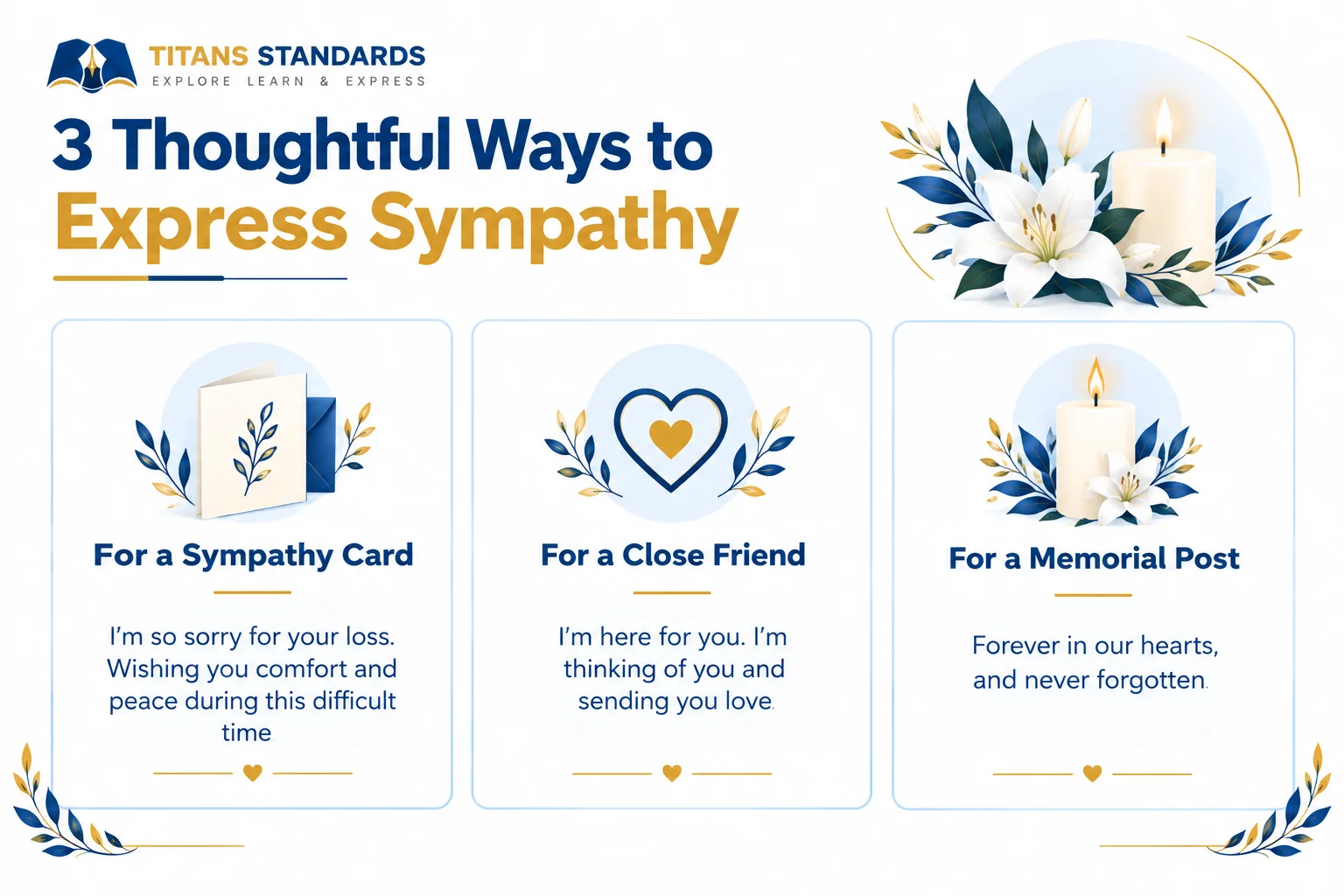 Three sympathy message examples for a condolence card, a grieving friend, and a memorial social media post.