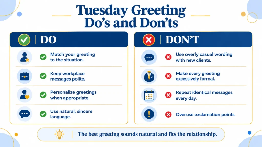 Do's and don'ts for Tuesday greetings, including professional wording, personalization, and avoiding repetitive messages.